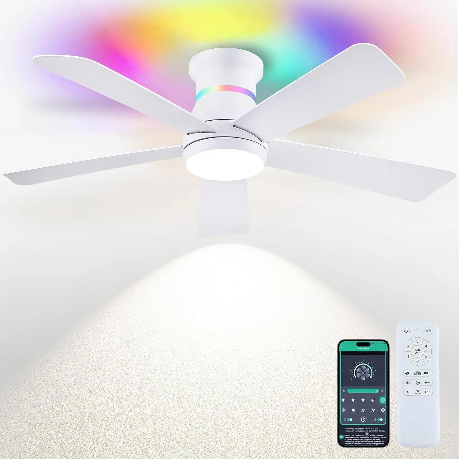 46" White Ceiling Fan with RGB Lights - Flush Mount, Dimmable LED, Low Profile for Indoor & Covered Outdoor
46" White Ceiling Fan with RGB Lights - Flush Mount, Dimmable LED, Low Profile for Indoor & Covered Outdoor