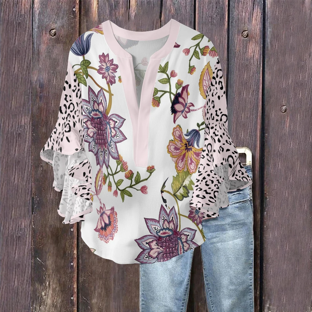 Women's Floral Printed Bubble Crepe Blouse Elegant V-Neck with Pastel Purple Accents Fashionable Leopard Bell Sleeves Shirts
Women's Floral Printed Bubble Crepe Blouse Elegant V-Neck with Pastel Purple Accents Fashionable Leopard Bell Sleeves Shirts