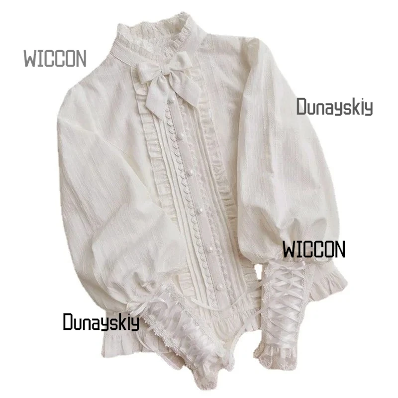 Cotton Lolita Shirt Lace Ruffle Jacquard Long Gigot Sleeves Women Sweet Button Up Tops Blouse With Bow Tie Elegant Girls Shirt
Cotton Lolita Shirt Lace Ruffle Jacquard Long Gigot Sleeves Women Sweet Button Up Tops Blouse With Bow Tie Elegant Girls Shirt