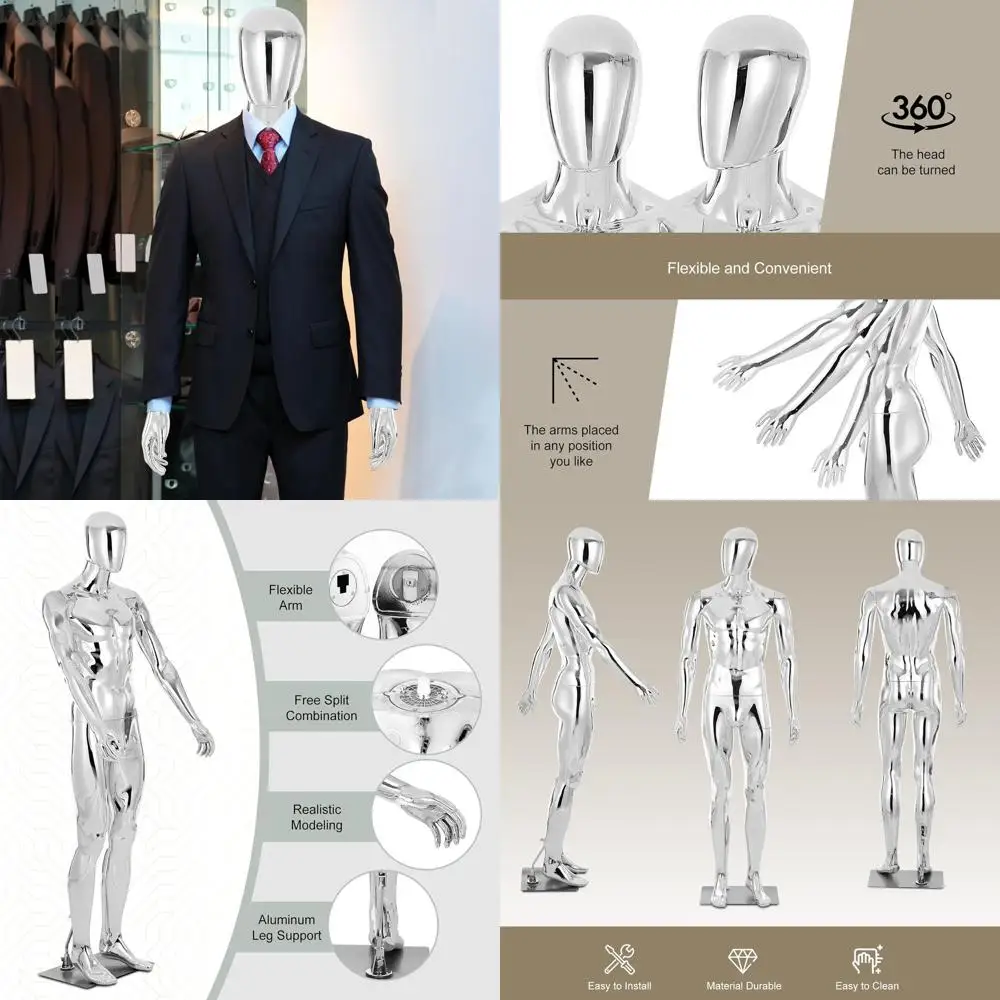 Full-Body Silver Male Mannequin, 74 Tall, with Detachable Metal Base for Clothing Displays
Full-Body Silver Male Mannequin, 74 Tall, with Detachable Metal Base for Clothing Displays