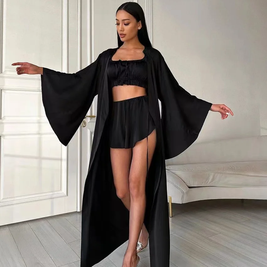 Сексуальный модный комплект из брюк на бретелях, кардигана и футболки для дома, из полиэстера, однотонный, с V-образным вырезом, на резинке
Сексуальный модный комплект из брюк на бретелях, кардигана и футболки для дома, из полиэстера, однотонный, с V-образным вырезом, на резинке