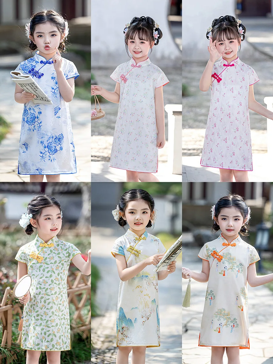 Girls Short Sleeve Cheongsam Hanfu Costume Chinese Elements Printed Skirt for Kids Chinese Traditional Clothing
Girls Short Sleeve Cheongsam Hanfu Costume Chinese Elements Printed Skirt for Kids Chinese Traditional Clothing