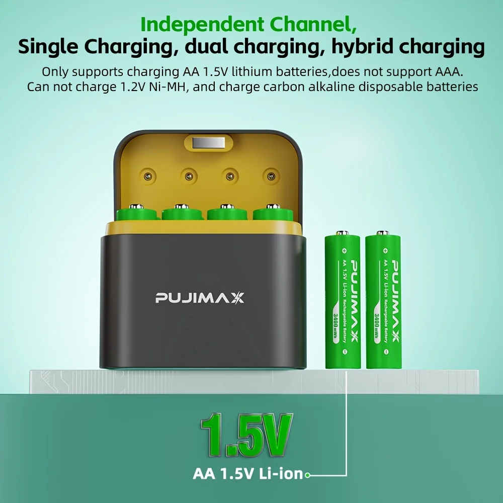 PUJIMAX Rechargeable Lithium Battery+Charger 1.5V AA 3400mWh Li-ion Battery High Capacity Battery for Mouse Remote Control Clock
PUJIMAX Rechargeable Lithium Battery+Charger 1.5V AA 3400mWh Li-ion Battery High Capacity Battery for Mouse Remote Control Clock
