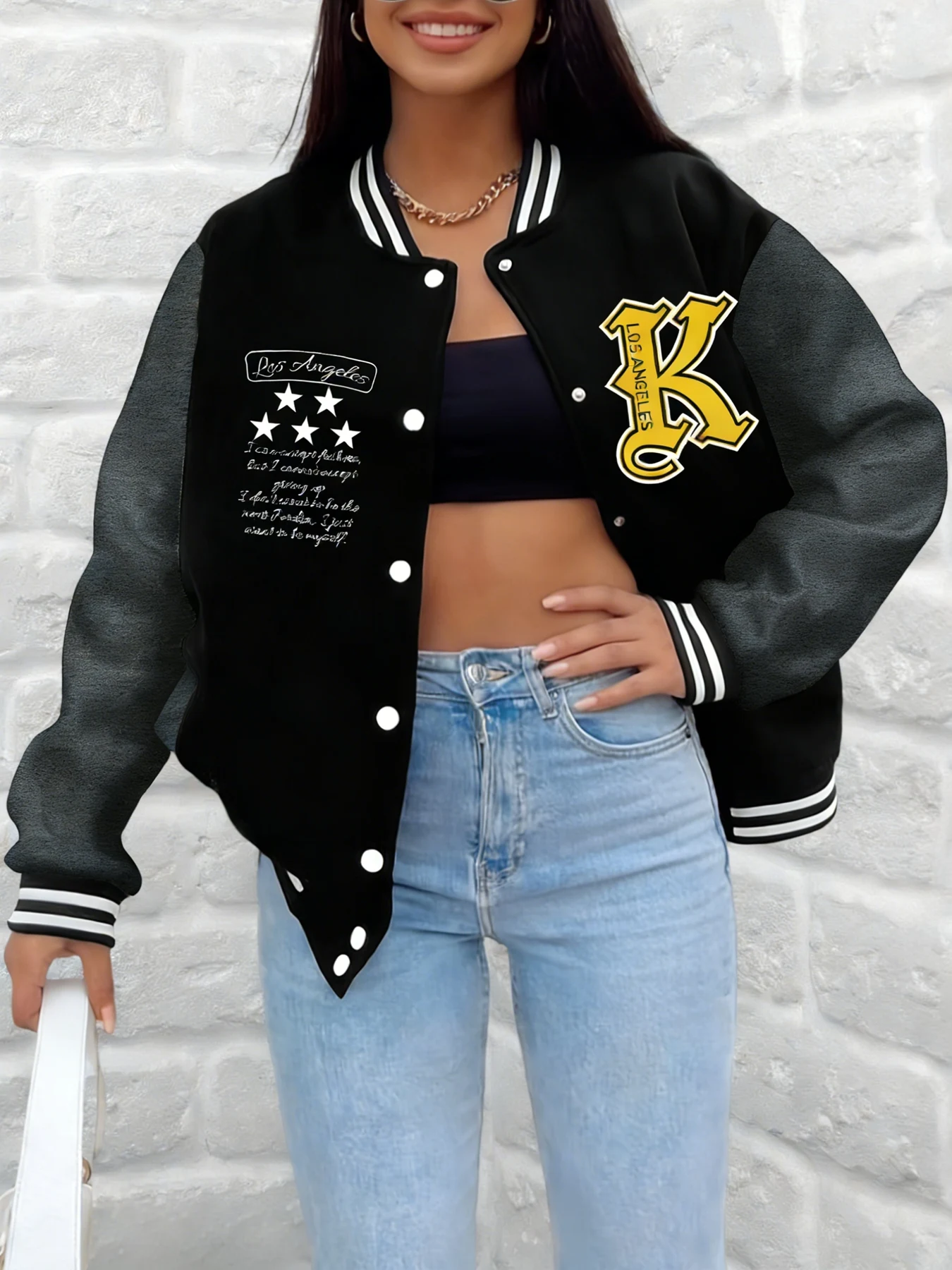 Women Los Angeles Themed Letter K Star Print Baseball Jacket Varsity Coat Loose Fit Outerwear Casual Street Fashion Daily Wear
Women Los Angeles Themed Letter K Star Print Baseball Jacket Varsity Coat Loose Fit Outerwear Casual Street Fashion Daily Wear