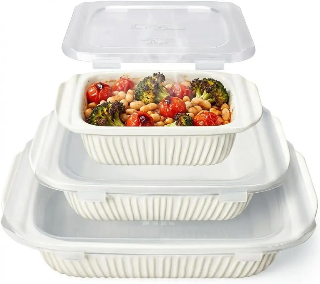3-Piece Ceramic Casserole Dish Set with Lids, Oven-Safe Bakeware for Lasagna and Baking, White Rectangular Pans
3-Piece Ceramic Casserole Dish Set with Lids, Oven-Safe Bakeware for Lasagna and Baking, White Rectangular Pans
