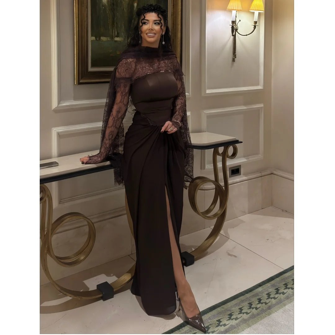 Charming Dark Brown Women Evening Gowns Sweetheart Mermaid Prom Party Robes with Lace Shawl Customized Side Vestido de Noche
Charming Dark Brown Women Evening Gowns Sweetheart Mermaid Prom Party Robes with Lace Shawl Customized Side Vestido de Noche