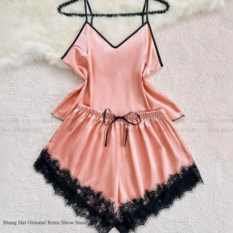 Sexy Lace Suspender Women Lingerie Pajamas Set Summer New Silk Satin Strap Top&shorts Pijamas Suit Loose Homewear Loungewear
Sexy Lace Suspender Women Lingerie Pajamas Set Summer New Silk Satin Strap Top&shorts Pijamas Suit Loose Homewear Loungewear