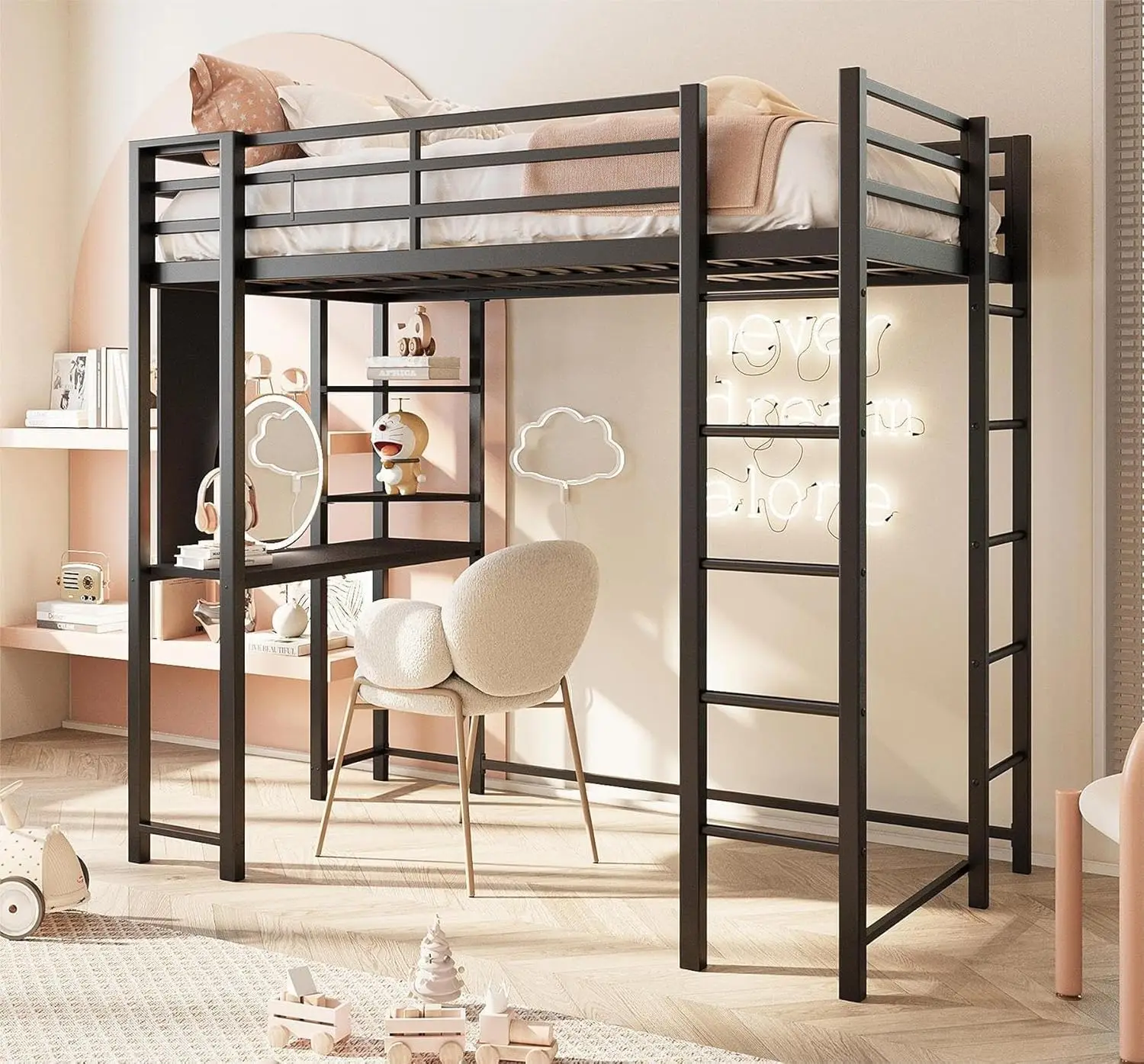 Metal Twin Loft Bed with Desk, Twin Size Loft Bed with 2 Built-in Ladders & Safety Guard, Noise Free for Small Bedroom, Black
Metal Twin Loft Bed with Desk, Twin Size Loft Bed with 2 Built-in Ladders & Safety Guard, Noise Free for Small Bedroom, Black