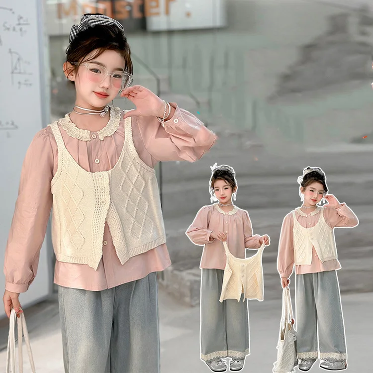 Children Girl Outfit Korean Autumn Single-breasted Undershirt+Knitted Vest+Patchwork Denim Pant Kid Girl Set 4-14Y Girl 3pc Suit
Children Girl Outfit Korean Autumn Single-breasted Undershirt+Knitted Vest+Patchwork Denim Pant Kid Girl Set 4-14Y Girl 3pc Suit