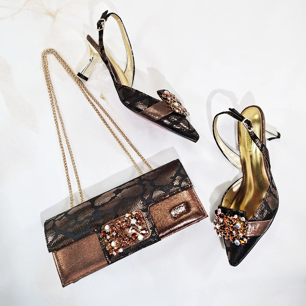 Elegant Women's Peep-Toe Heels and Matching Brown Color Rhinestones Pumps Set Stylish Italian Shoes and Bags for Parties 510-24
Elegant Women's Peep-Toe Heels and Matching Brown Color Rhinestones Pumps Set Stylish Italian Shoes and Bags for Parties 510-24