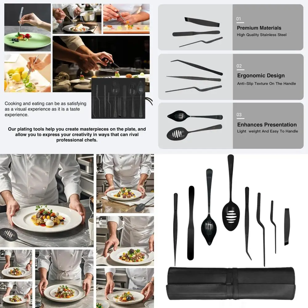 Stainless Steel Chef's Plating Kit: 8-Piece Set with Tweezers, Fish Tongs, Spatula, Slotted Spoon in Black
Stainless Steel Chef's Plating Kit: 8-Piece Set with Tweezers, Fish Tongs, Spatula, Slotted Spoon in Black