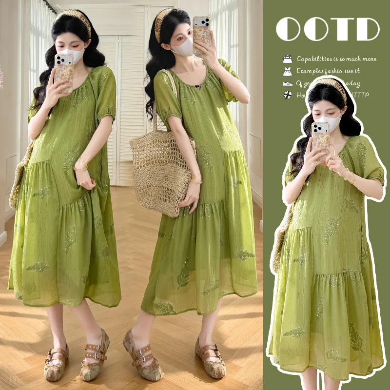 Maternity Dress Summer 2026 Green Loose Leaf Embroidery Short Sleeve Asymmetric Design Dress for Pregnant Women Pastoral Style
Maternity Dress Summer 2026 Green Loose Leaf Embroidery Short Sleeve Asymmetric Design Dress for Pregnant Women Pastoral Style