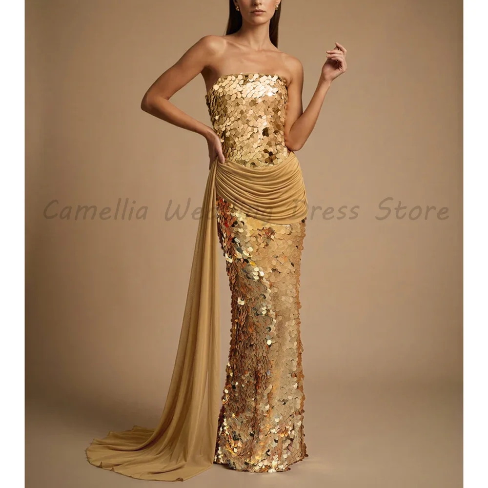 Luxury Gold Sequin Formal Gown Strapless Bodycon Mermaid Dress Ruched Waist Long Chiffon Sash Train Evening Party Dress
Luxury Gold Sequin Formal Gown Strapless Bodycon Mermaid Dress Ruched Waist Long Chiffon Sash Train Evening Party Dress