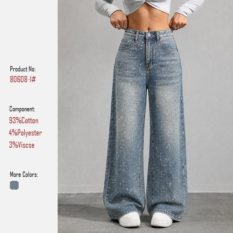 High Waist Long Pants for Women Glittering Four Colors Rhinestone Wide Leg Denim Jeans Floor-Length Straight Cut High Quality
High Waist Long Pants for Women Glittering Four Colors Rhinestone Wide Leg Denim Jeans Floor-Length Straight Cut High Quality