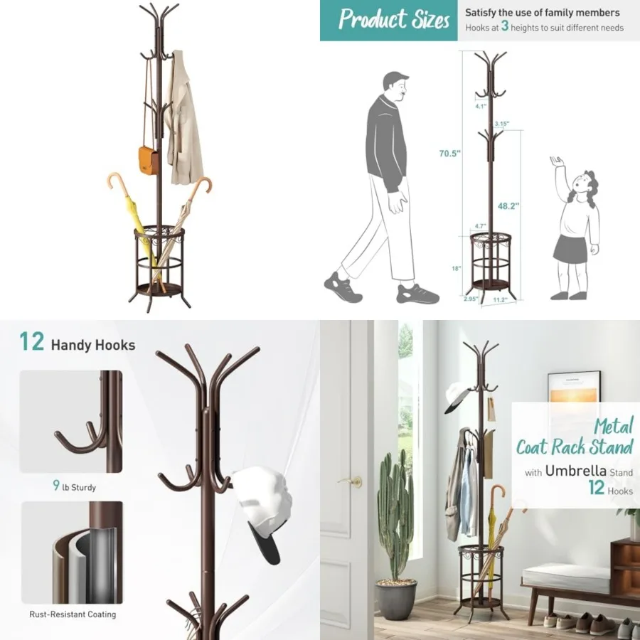 Coat Rack with Umbrella Holder, Metal Coat Rack Stand with 12 Hooks, for Entryway, Hallway, Living Room, Bedroom
Coat Rack with Umbrella Holder, Metal Coat Rack Stand with 12 Hooks, for Entryway, Hallway, Living Room, Bedroom