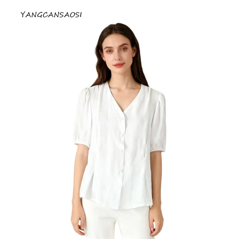 Women's Fashion Summer 100% Natural Mulberry Silk GuanLe Crepe V-neck Puff Short Sleeve French White Single-breasted Shirt
Women's Fashion Summer 100% Natural Mulberry Silk GuanLe Crepe V-neck Puff Short Sleeve French White Single-breasted Shirt