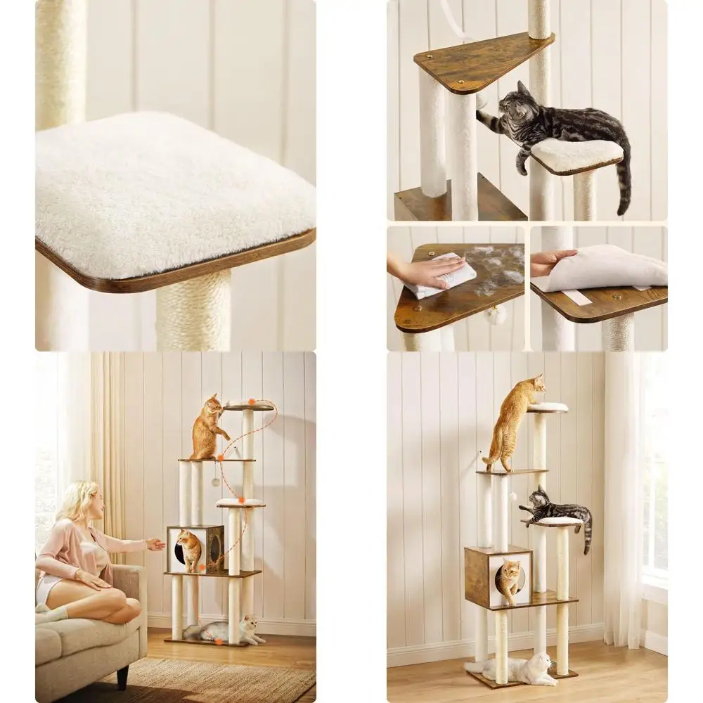 64.6-Inch Stylish Cat Tower with 5 Scratch Posts, Perch, Removable Cushions, Cave, Rustic Brown
64.6-Inch Stylish Cat Tower with 5 Scratch Posts, Perch, Removable Cushions, Cave, Rustic Brown