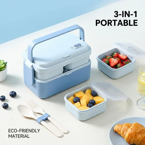 Boîte à déjeuner de pique-nique en Fiber de bambou 3 en 1, boîte à Bento micro-ondable Double couche, conteneurs de stockage des aliments, boîtes à déjeuner pour enfants à l'école
