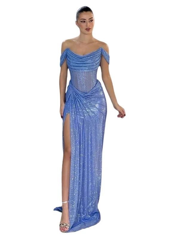High-End Independent Station Strapless Blue Split Slimming Sexy Prom Dress High Waist Velvet round Neck Company Annual Meeting
High-End Independent Station Strapless Blue Split Slimming Sexy Prom Dress High Waist Velvet round Neck Company Annual Meeting