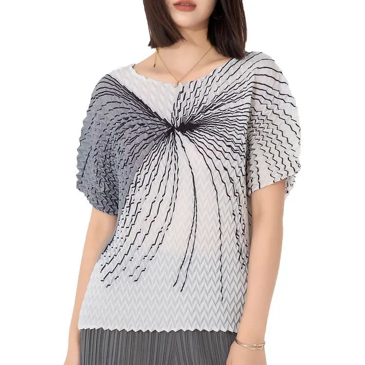 Miyake/плиссированная женская футболка с короткими рукавами и круглым вырезом, Новинка осени 2023, Свободный джемпер с принтом ручной работы и волнистыми складками, большой размер
Miyake/плиссированная женская футболка с короткими рукавами и круглым вырезом, Новинка осени 2023, Свободный джемпер с принтом ручной работы и волнистыми складками, большой размер