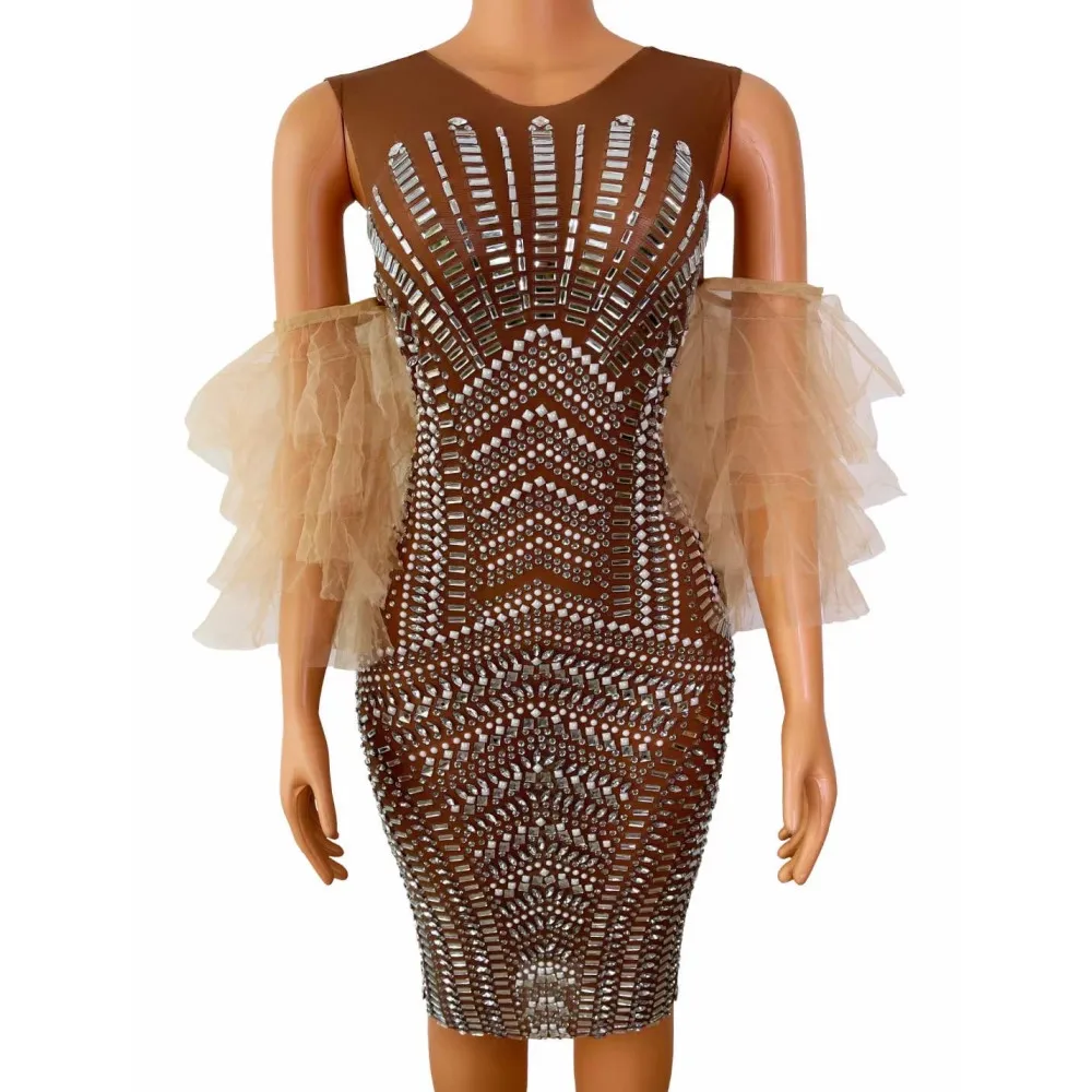 Sexy Women Brown Shining Crystal Rhinestones Sleeveless Lace Dress Nightclub Party Cloth Stage Singer Perform Costumes
Sexy Women Brown Shining Crystal Rhinestones Sleeveless Lace Dress Nightclub Party Cloth Stage Singer Perform Costumes