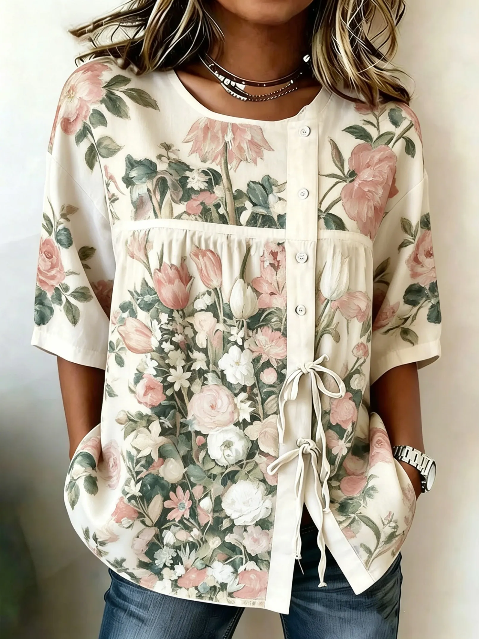Women's Spring Summer Drawstring Blouse, Vintage Botanical Garden Print Casual Tops for Daily Street Holiday Leisure Outfit
Women's Spring Summer Drawstring Blouse, Vintage Botanical Garden Print Casual Tops for Daily Street Holiday Leisure Outfit