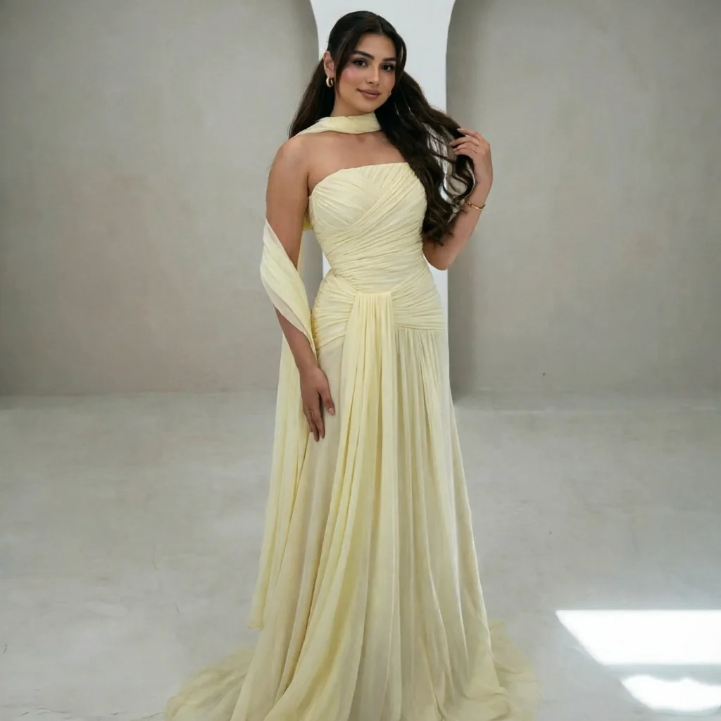 Eightale Arabic Evening Dress Strapless Butter Yellow Crepe Customized A-Line Pleats Prom Wedding Party Gown
Eightale Arabic Evening Dress Strapless Butter Yellow Crepe Customized A-Line Pleats Prom Wedding Party Gown
