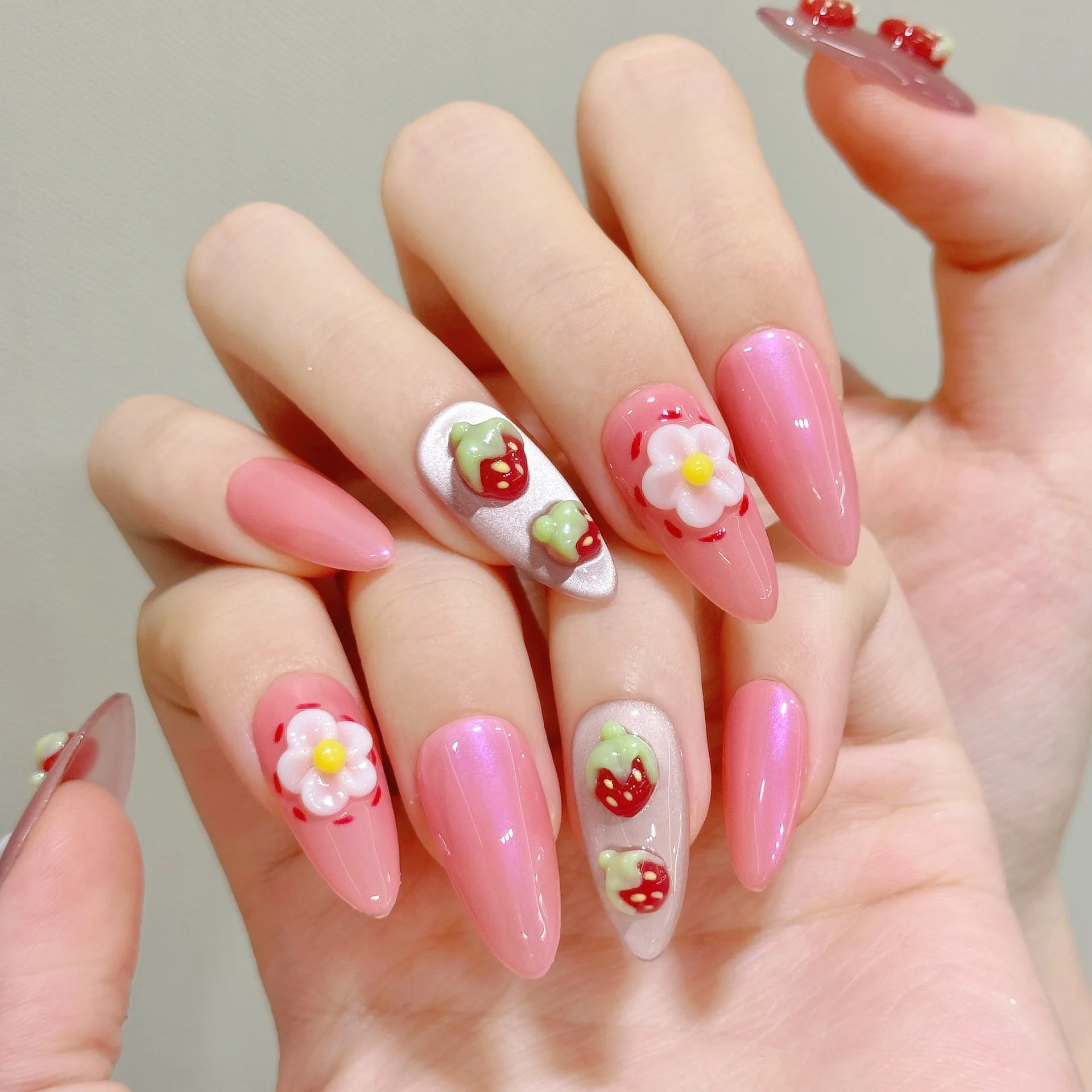 10Pcs Handmade Pink Almond Press on Nails 3D Strawberry Eggflower Design Sweet Fake Nail Wearable Lovely Manicure Nails Art Tip
10Pcs Handmade Pink Almond Press on Nails 3D Strawberry Eggflower Design Sweet Fake Nail Wearable Lovely Manicure Nails Art Tip