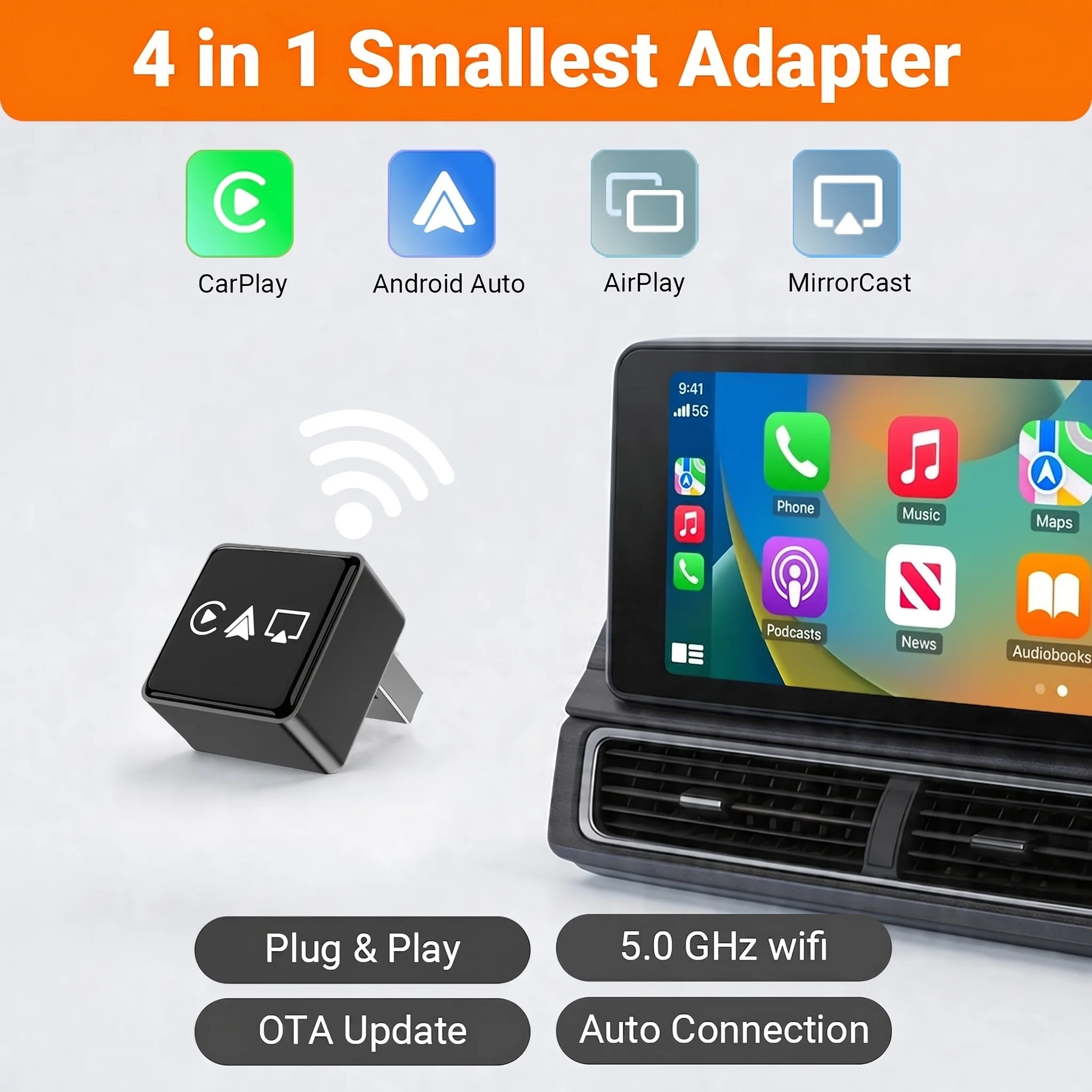 Portable 4in1 CarPlay Android Auto Mini Box, Wireless AirPlay MirrorCast Adapter Fast Connection for Factory Car Screen
Portable 4in1 CarPlay Android Auto Mini Box, Wireless AirPlay MirrorCast Adapter Fast Connection for Factory Car Screen