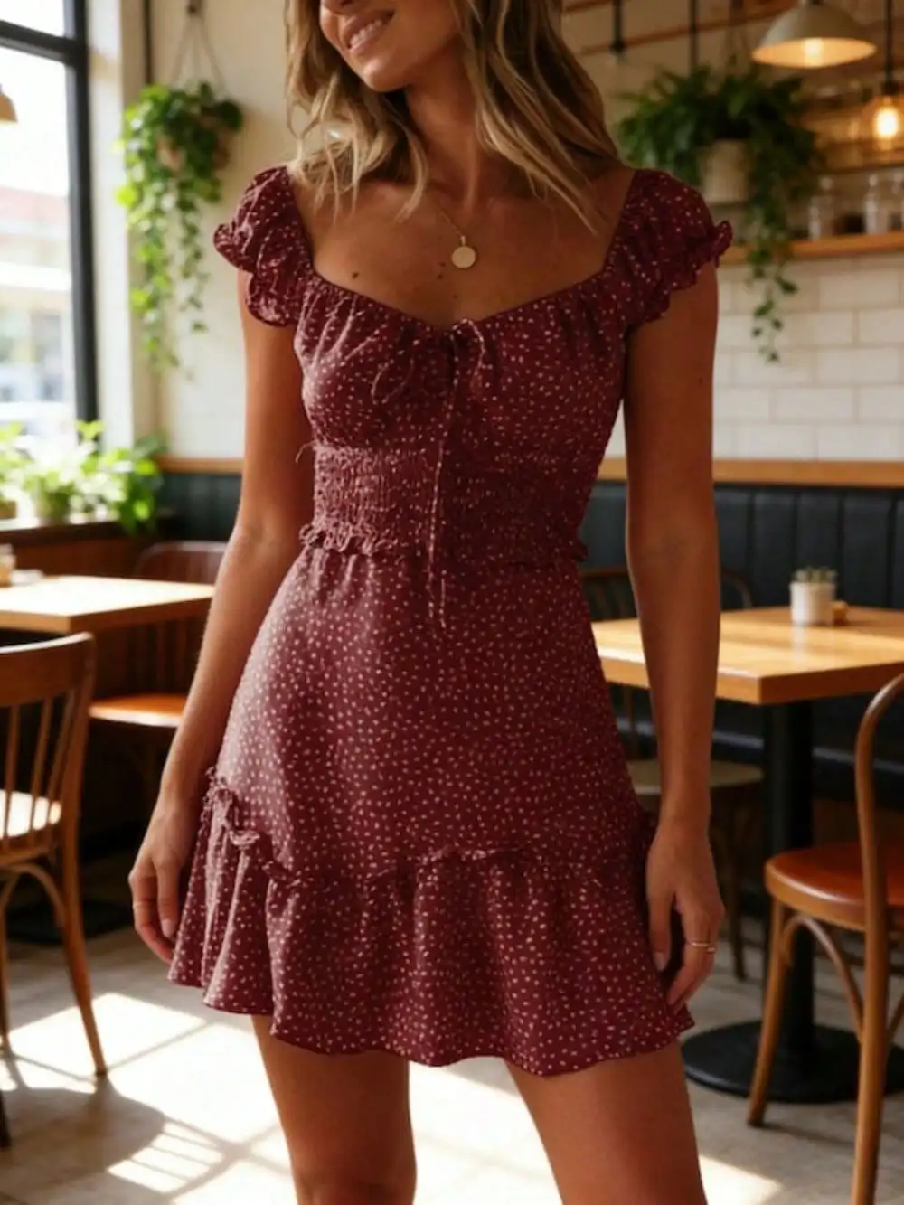 Women's Sweetheart Neck Ruffle Sleeve Polka Dot Mini Dress - Casual Summer Outfit
Women's Sweetheart Neck Ruffle Sleeve Polka Dot Mini Dress - Casual Summer Outfit