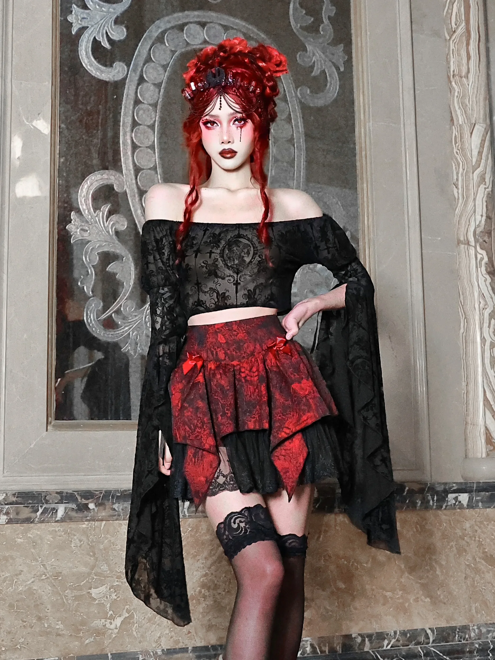 Blood Supply Original Designer Gothic Black Blouse Slash Neck Long Flying Sleeve Crop Top Skull Elastic Lace Slim Goth Sexy Top
Blood Supply Original Designer Gothic Black Blouse Slash Neck Long Flying Sleeve Crop Top Skull Elastic Lace Slim Goth Sexy Top