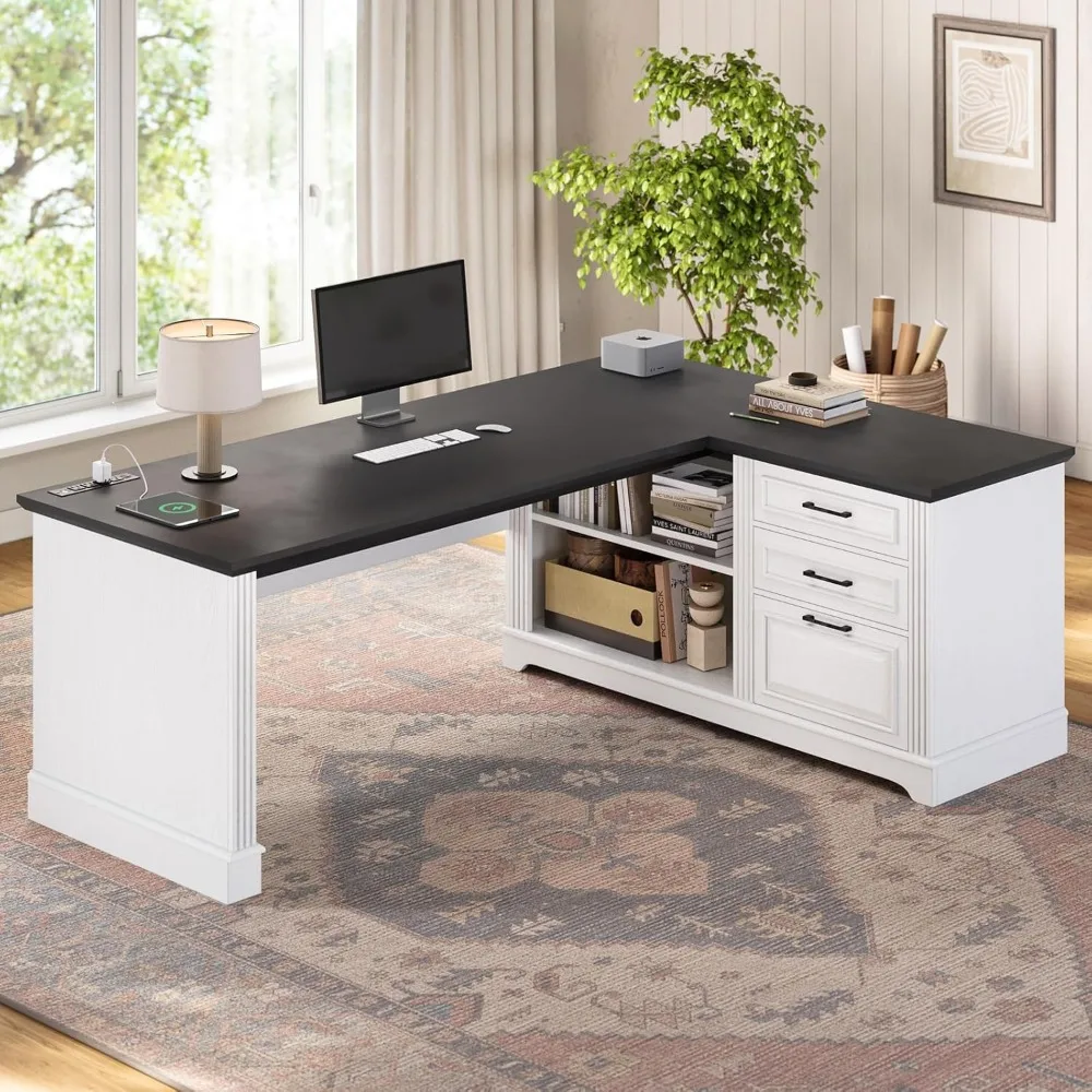 Farmhouse 61" Executive L Shaped Desk, Home Office Desk with File Drawers, Computer Desk with Power Outlets and Storage Shelves
Farmhouse 61" Executive L Shaped Desk, Home Office Desk with File Drawers, Computer Desk with Power Outlets and Storage Shelves