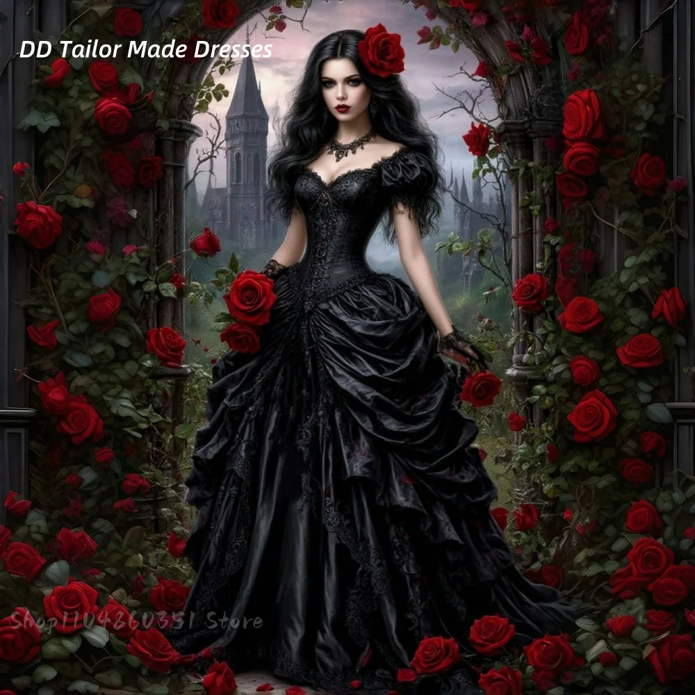 Gothic Black Wedding Dress Off Shoulder Ruched Vintage Victorian Bridal Gowns Lace Appliques Corset Satin Vestidos Customized 
Gothic Black Wedding Dress Off Shoulder Ruched Vintage Victorian Bridal Gowns Lace Appliques Corset Satin Vestidos Customized