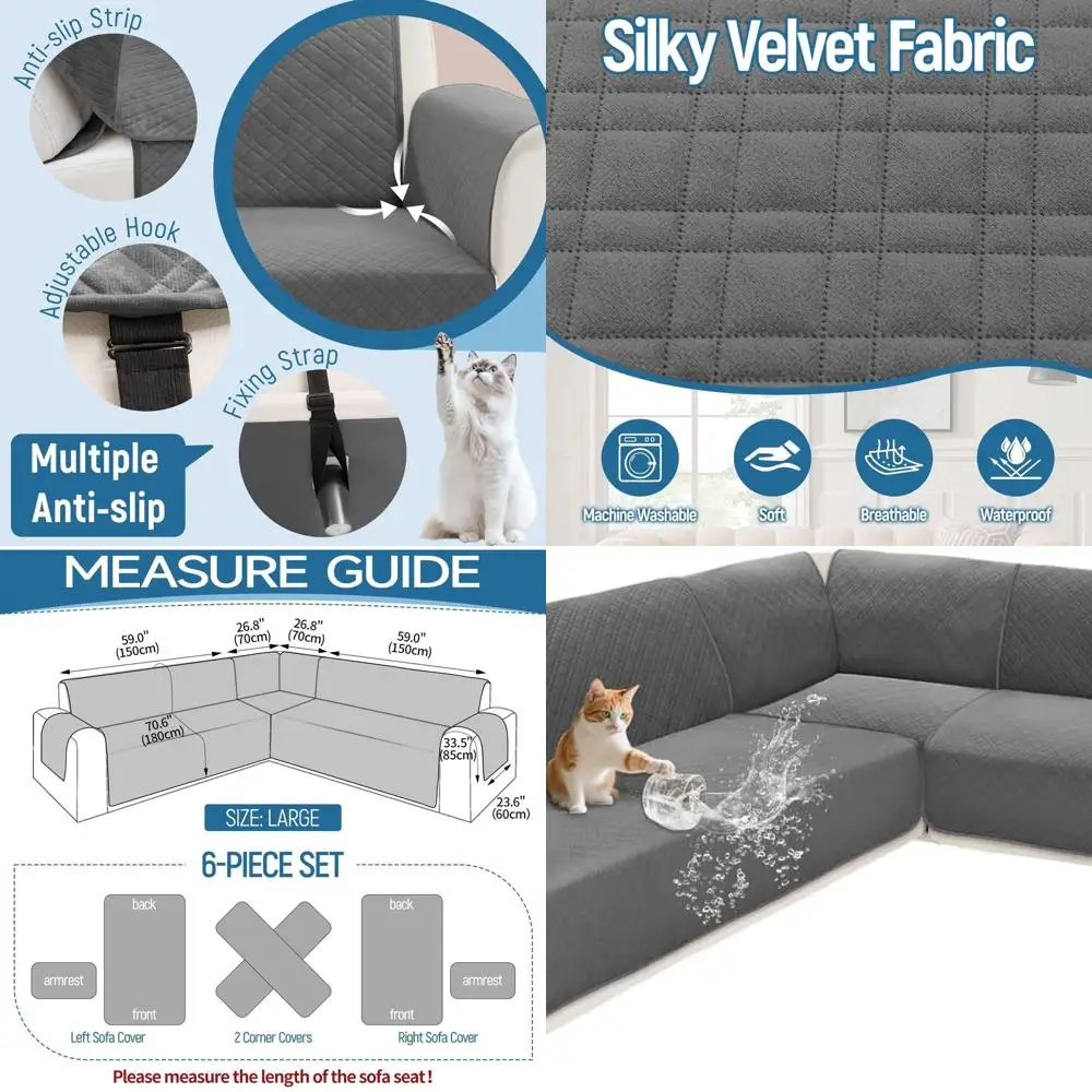 Large Dark Grey Waterproof Velvet Quilted L-Shaped Sectional Sofa Cover with Corner Protector and Non-Slip Straps for Pets and K
Large Dark Grey Waterproof Velvet Quilted L-Shaped Sectional Sofa Cover with Corner Protector and Non-Slip Straps for Pets and K