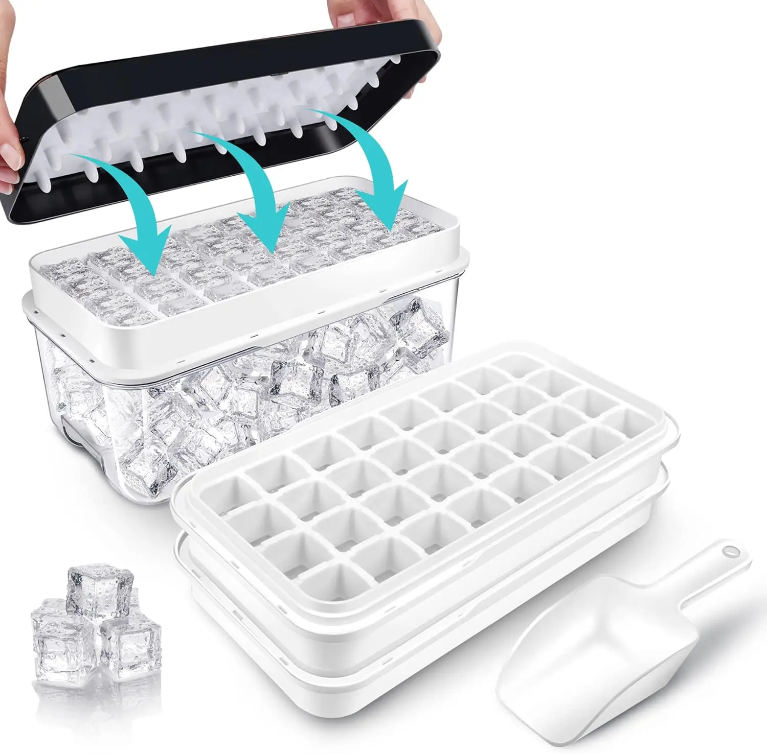 64-Cube Ice Tray with Lid & Bin, Easy Press Release, 2 Trays 1 Bucket & Scoop (Black)
64-Cube Ice Tray with Lid & Bin, Easy Press Release, 2 Trays 1 Bucket & Scoop (Black)