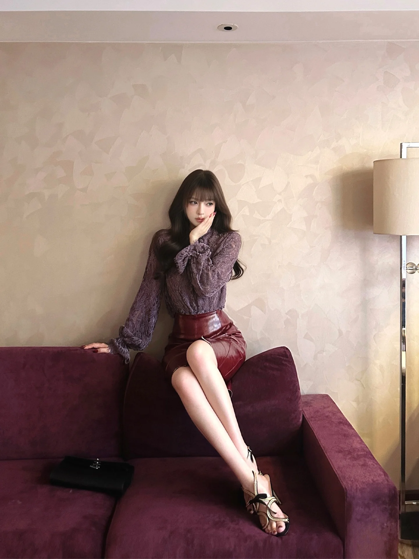 Roselyn Gentle Mist Purple Flocking Lace Long Sleeve Top Wine Red Leather Skirt Bodycon Skirt Elegant Fashion Set Women
Roselyn Gentle Mist Purple Flocking Lace Long Sleeve Top Wine Red Leather Skirt Bodycon Skirt Elegant Fashion Set Women