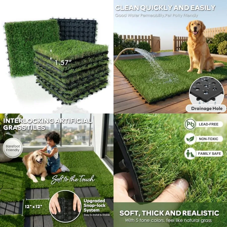 Outdoor Artificial Grass Tiles Interlocking Turf Squares 9 Pack, 12"x12" Fake Grass Mat for Balcony Patio Deck Flooring Decor, Pets Dog Pee Pad, Self-draining 8 Buckle System, 8 Buckle Lock Tile-green
Outdoor Artificial Grass Tiles Interlocking Turf Squares 9 Pack, 12"x12" Fake Grass Mat for Balcony Patio Deck Flooring Decor, Pets Dog Pee Pad, Self-draining 8 Buckle System, 8 Buckle Lock Tile-green