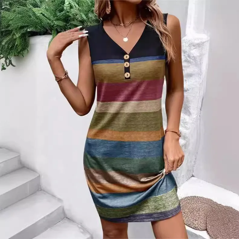 2025 Summer Women's Dress Sleeveless V-neck Button Striped Fashion Straight-tube Casual Vacation Mini Skirt
2025 Summer Women's Dress Sleeveless V-neck Button Striped Fashion Straight-tube Casual Vacation Mini Skirt