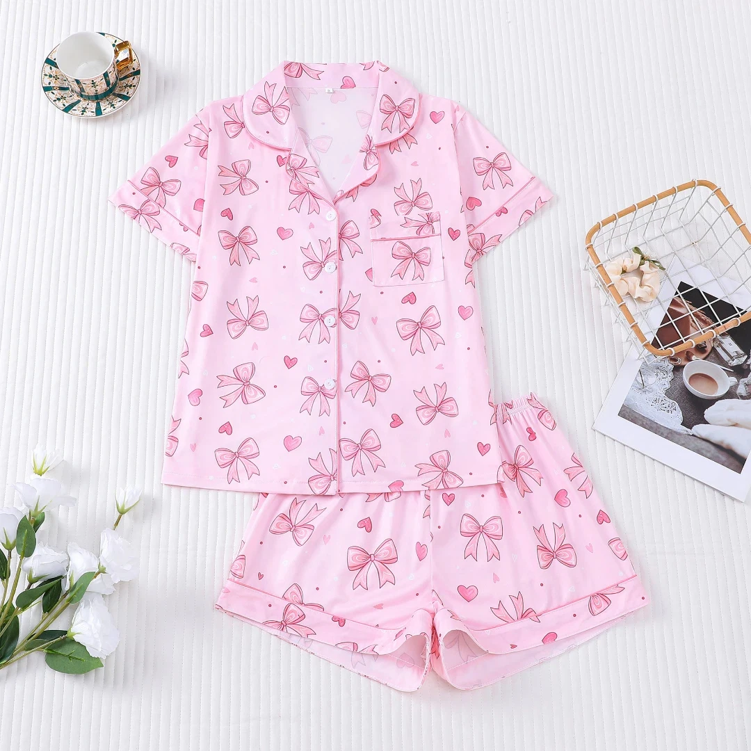 Розовый женский пижамный комплект на День святого Валентина с красным бантом на лацканах, с короткими рукавами и шортами, домашняя одежда, подарки
Розовый женский пижамный комплект на День святого Валентина с красным бантом на лацканах, с короткими рукавами и шортами, домашняя одежда, подарки