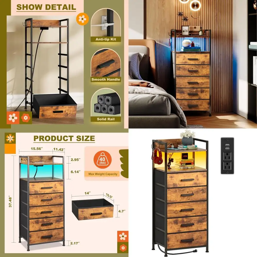 Rustic Brown Nightstand with Charging Station, LED Lights, Fabric Drawers, Open Shelf, and Hooks for Bedroom, Hallway, or Entryw
Rustic Brown Nightstand with Charging Station, LED Lights, Fabric Drawers, Open Shelf, and Hooks for Bedroom, Hallway, or Entryw
