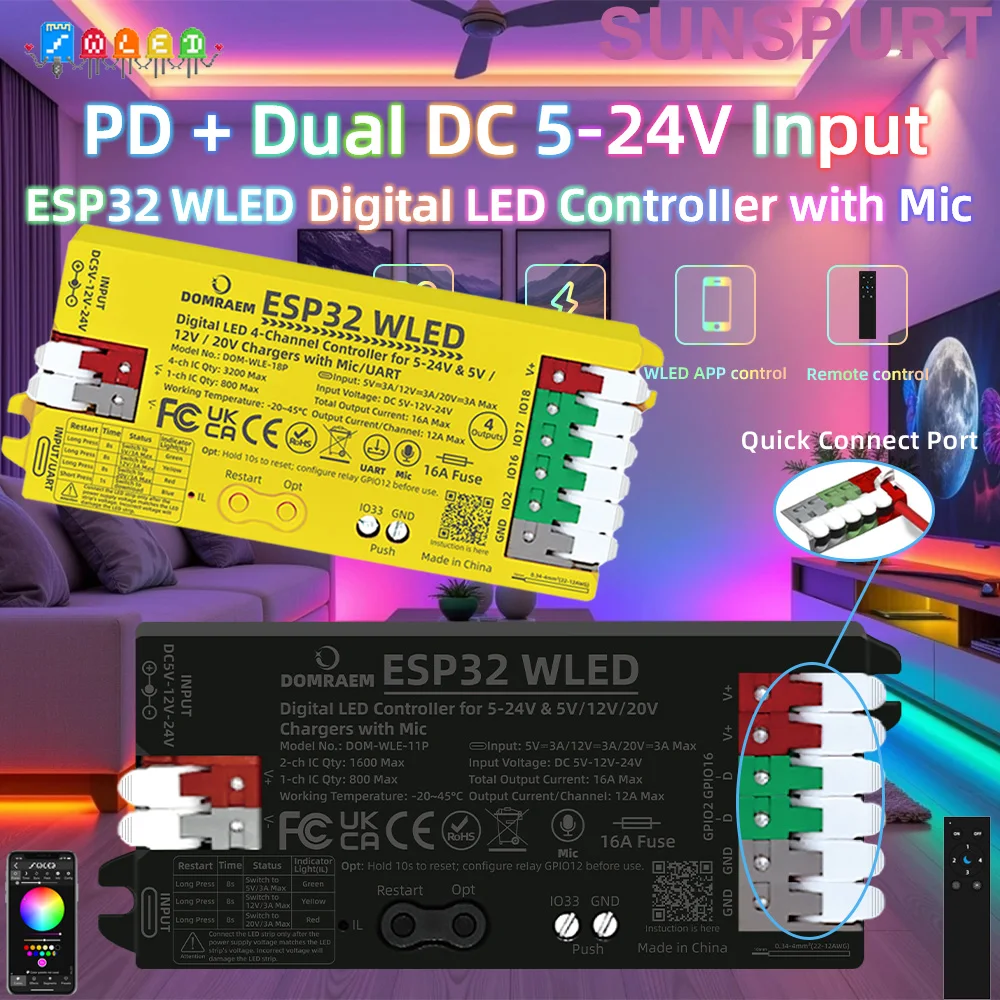 Цифровой контроллер светодиодов DOMRAEM PD 5В/12В/20В 3А с питанием от ESP32, портом Mic/UART и предохранителем 16А для лент WS281X SK6812 APA102
Цифровой контроллер светодиодов DOMRAEM PD 5В/12В/20В 3А с питанием от ESP32, портом Mic/UART и предохранителем 16А для лент WS281X SK6812 APA102