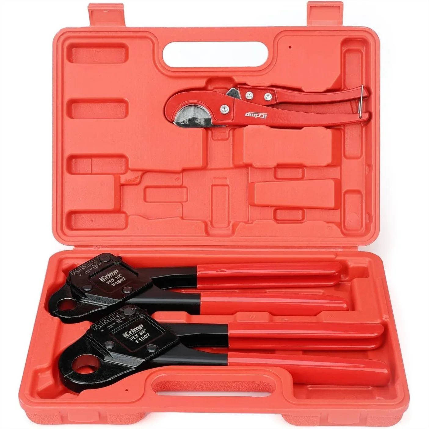 PEX Crimping Tool for 1/2" & 3/4" Copper Crimp Rings, Angle Head, Includes Cutter & Go/No-Go Gauge, Meets ASTM F1807 Standard
PEX Crimping Tool for 1/2" & 3/4" Copper Crimp Rings, Angle Head, Includes Cutter & Go/No-Go Gauge, Meets ASTM F1807 Standard