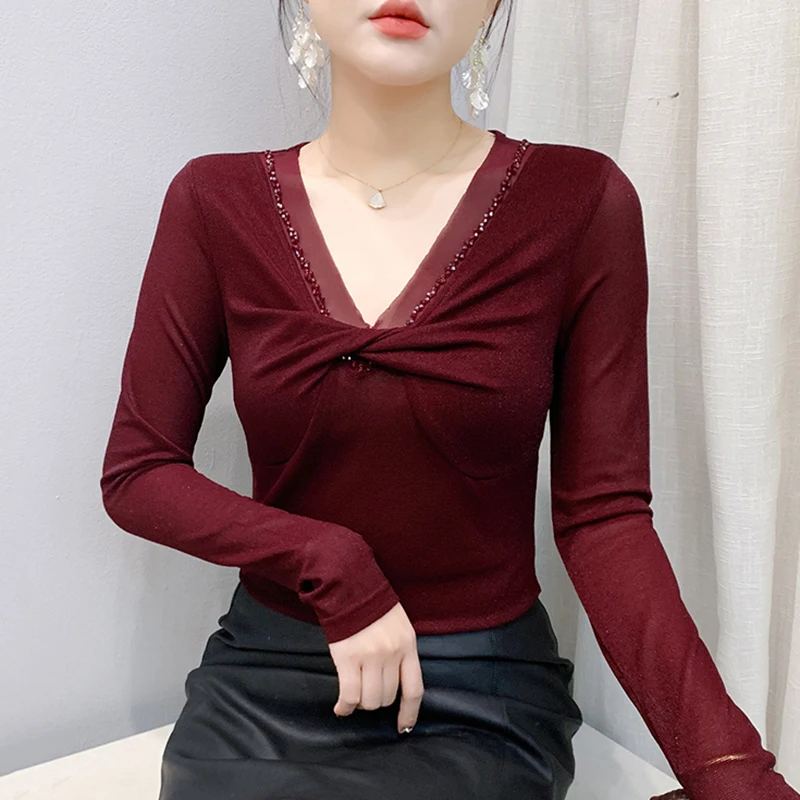 New 2025 Spring Autumn V-Neck Long Sleeved Women's T-Shirt Elegant Slim Beading Solid Color Mesh Tee Tops
New 2025 Spring Autumn V-Neck Long Sleeved Women's T-Shirt Elegant Slim Beading Solid Color Mesh Tee Tops
