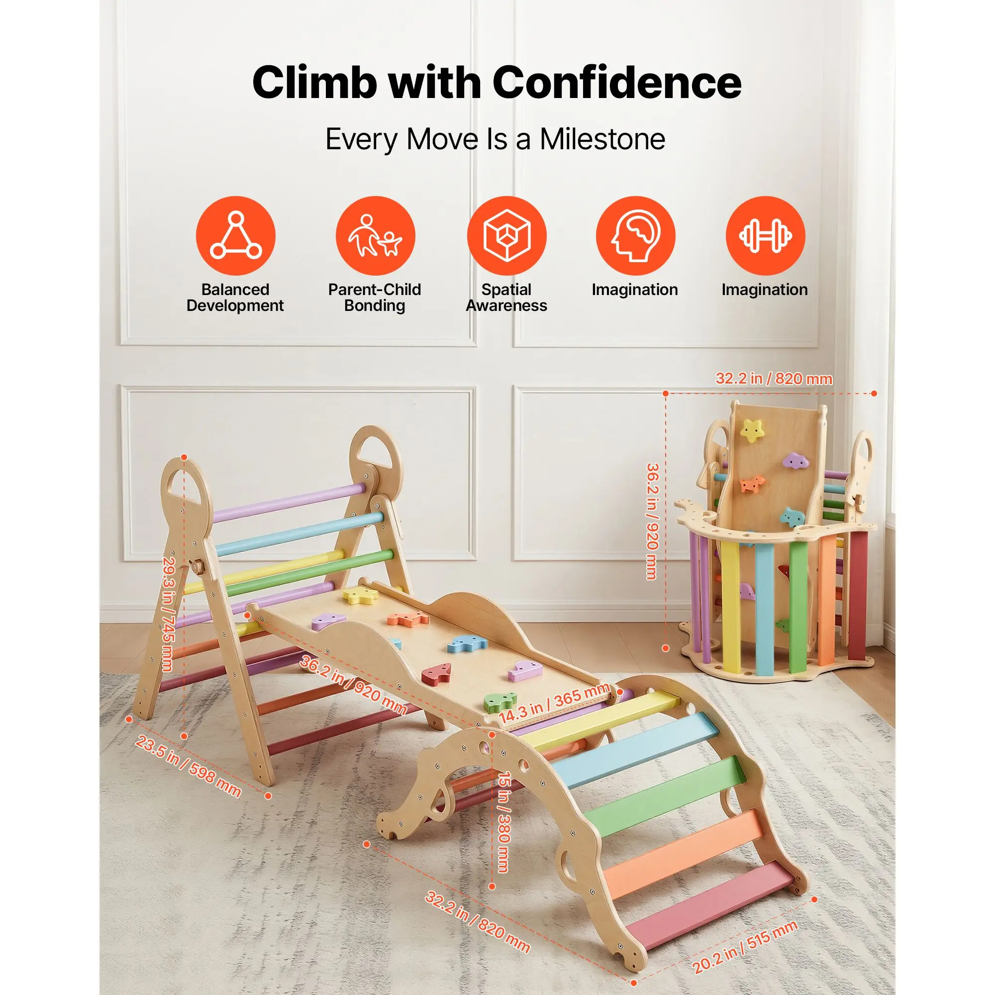 Pikler Triangle Set, 9-in-1 Toddler Climbing Toys Indoor, with 2 Wooden Cars, Cushion, Triangle, Arch, and Ramp, 150 lbs Load, Foldable Montessori Climbing Set for Toddlers and Kids, Rainbow
Pikler Triangle Set, 9-in-1 Toddler Climbing Toys Indoor, with 2 Wooden Cars, Cushion, Triangle, Arch, and Ramp, 150 lbs Load, Foldable Montessori Climbing Set for Toddlers and Kids, Rainbow