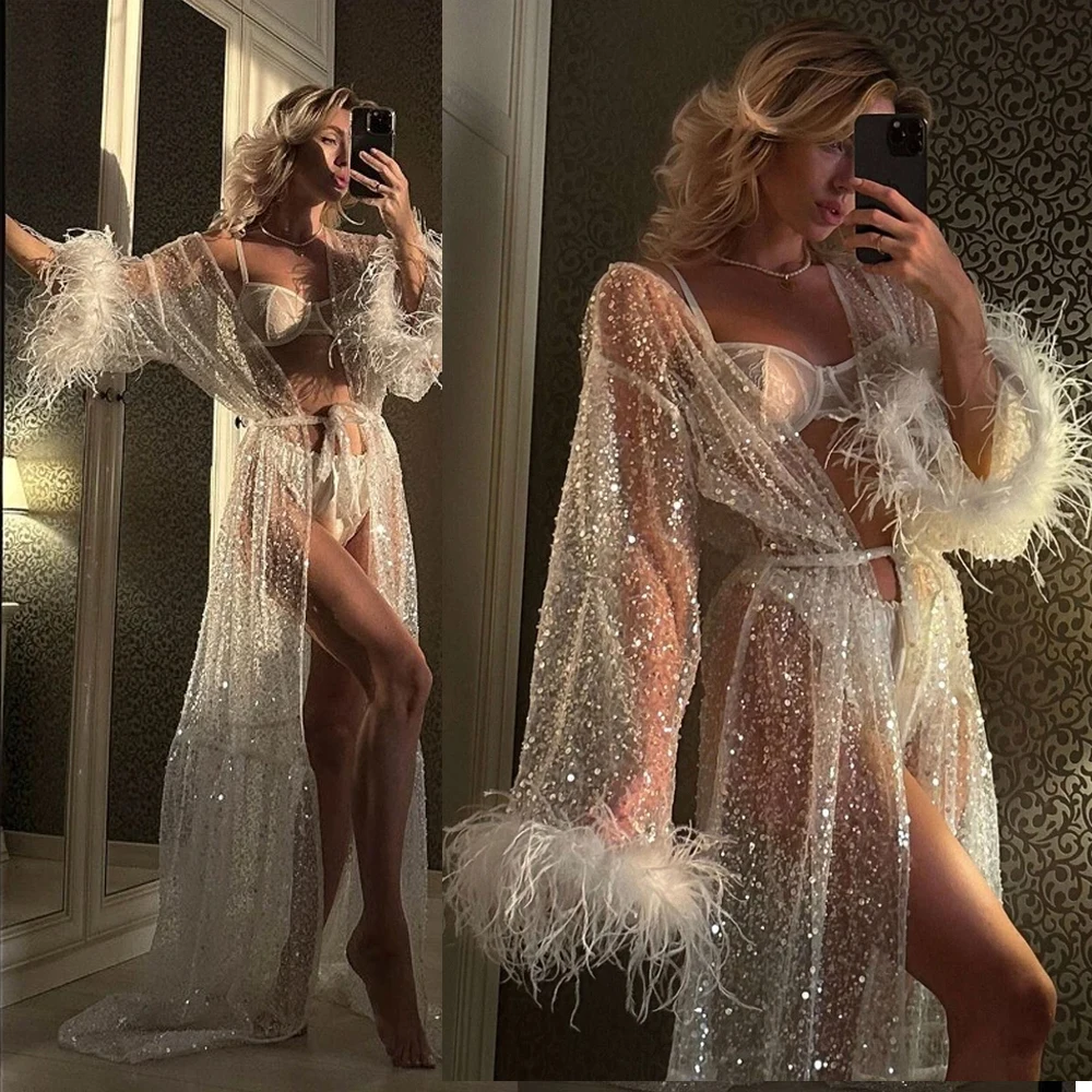 Bridal Sparkly Tulle Sequins Pearls Robes V-Neck Puffy Feather Sleeves Long Dresses Jacket Evening Dress Customized
Bridal Sparkly Tulle Sequins Pearls Robes V-Neck Puffy Feather Sleeves Long Dresses Jacket Evening Dress Customized