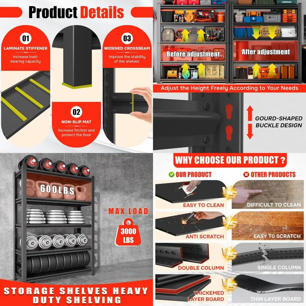 Промышленные стеллажи 72, модель Heavy-Duty, 5-ярусные, грузоподъемность 3000 фунтов, регулируемые металлические полки для складов и подвалов, черные
Промышленные стеллажи 72, модель Heavy-Duty, 5-ярусные, грузоподъемность 3000 фунтов, регулируемые металлические полки для складов и подвалов, черные