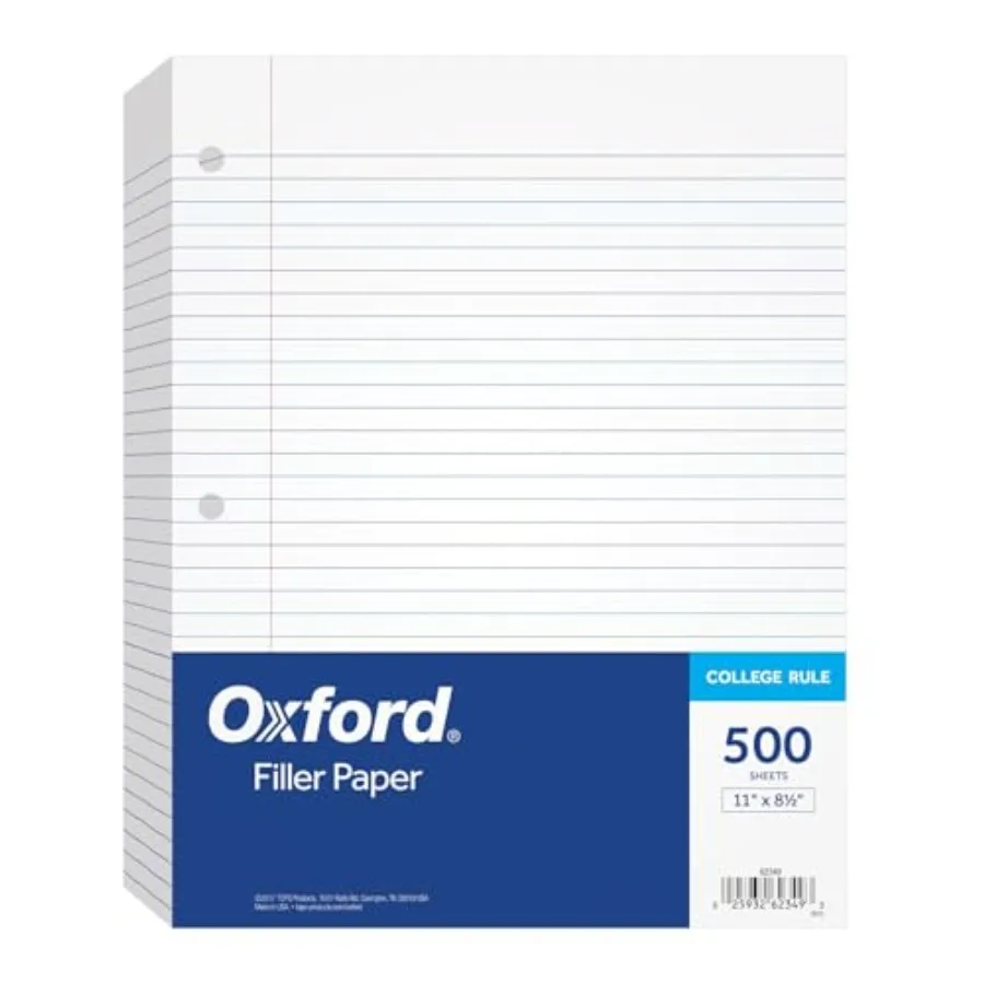 Loose Leaf Paper, 500 Sheets, College Rule Filler Notebook Paper, 8-1/2" x 11", 3-Hole Punched Fits 3-Ring Binders 62349
Loose Leaf Paper, 500 Sheets, College Rule Filler Notebook Paper, 8-1/2" x 11", 3-Hole Punched Fits 3-Ring Binders 62349