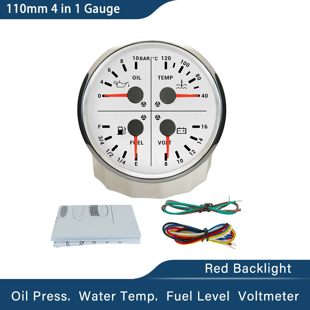 ELING Waterproof 110mm 4 in 1 Gauge 0-10Bar Oil Pressure Water Temp Fuel Level Voltmeter with Light Alarm for Car Boat Yacht 12V
ELING Waterproof 110mm 4 in 1 Gauge 0-10Bar Oil Pressure Water Temp Fuel Level Voltmeter with Light Alarm for Car Boat Yacht 12V