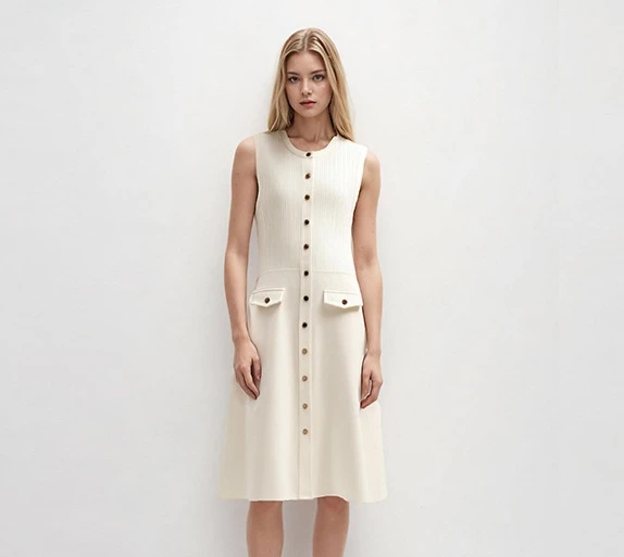 Women round neck knitted dress sleeveless single breasted slim fit office ladies elegant midi robe
Women round neck knitted dress sleeveless single breasted slim fit office ladies elegant midi robe