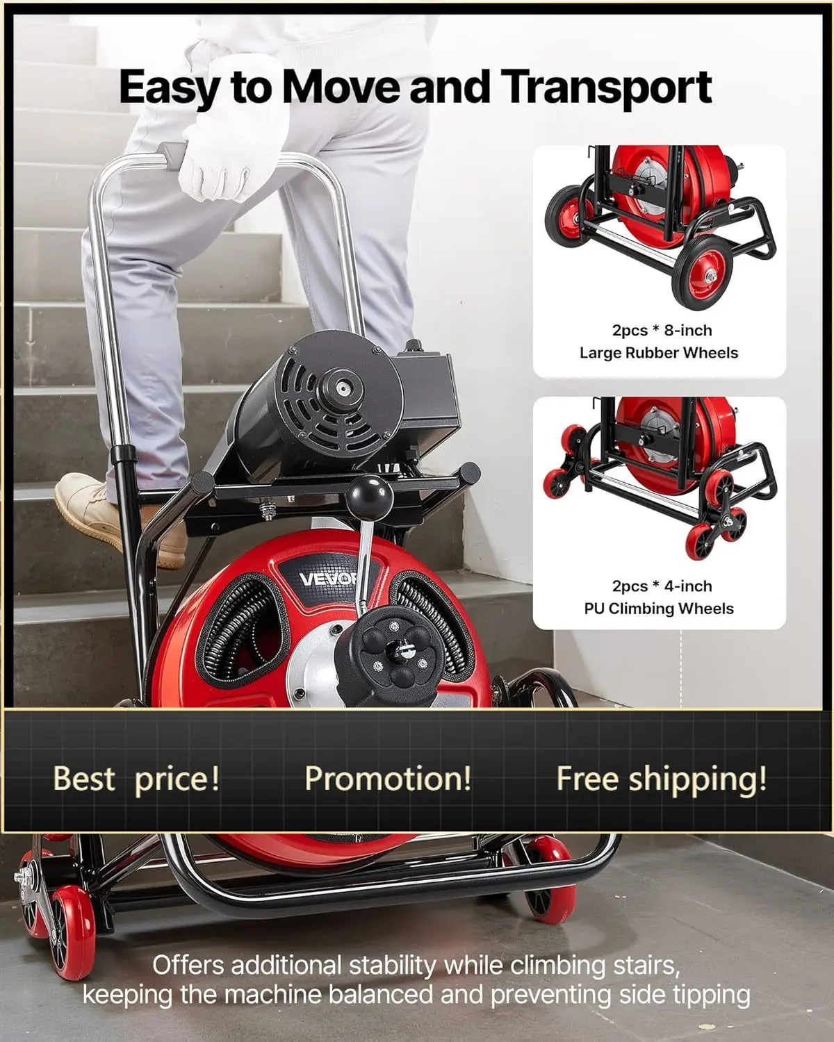 VEVOR Drain Cleaner Machine 100 FT x 1/2 Inch, Auto Feed Sewer Snake Auger, Portable Drain Cleaning Machine with Climbing Wheels
VEVOR Drain Cleaner Machine 100 FT x 1/2 Inch, Auto Feed Sewer Snake Auger, Portable Drain Cleaning Machine with Climbing Wheels